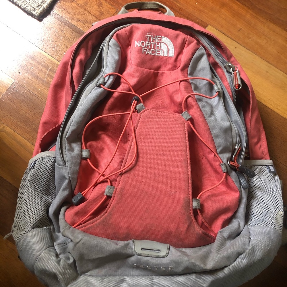 Pink and grey North Face bookbag